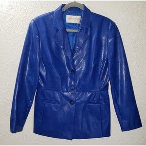 Vintage 90s Hugo Buscati Collection Blue Shiny Blazer Womens Jacket Polyurethane